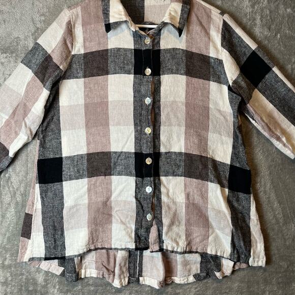 Soft Surroundings Sz Large Plaid Zip Back Linen Blend Button Up Shirt Women's - Picture 2 of 7